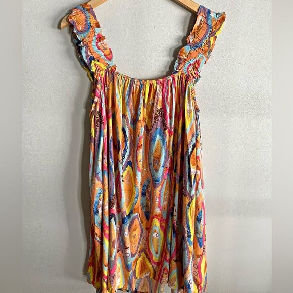 Jodifl Multicolor Abstract Print Ruffle Strap Boho Mini Dress Size Large - Picture 6 of 6